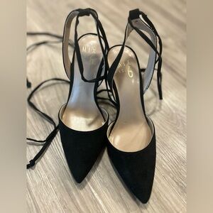Mix No. 6 Black Sued Pointed Lace-Up Slingback Heels